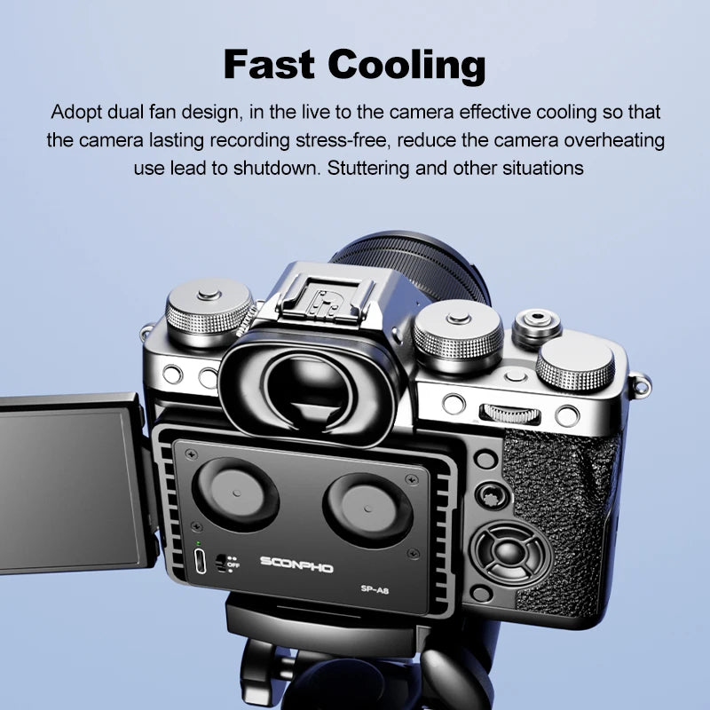 SOONPHO SP-A8 Camera Cooling Fan for Sony Canon FUJI A7M4 ZVE1 A6700 A7C2 ZVE10 ZV1 R5 90D XS10 XT4 X-H2S Dslr Cooling System