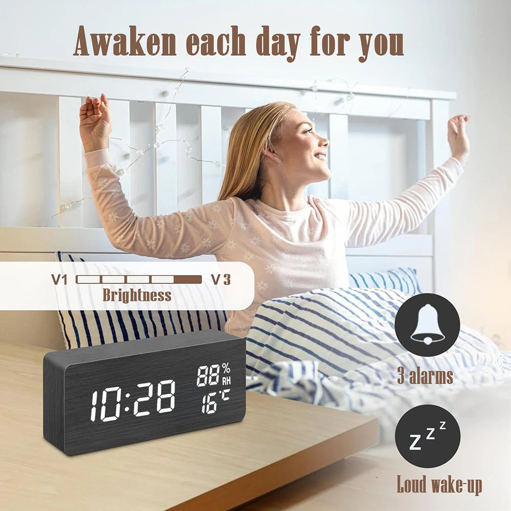 Wooden Digital Alarm Clock with Temperature Humidity LED Desk Clock for Office Bedroom Wooden Electric Clock Bedside Décor Gift