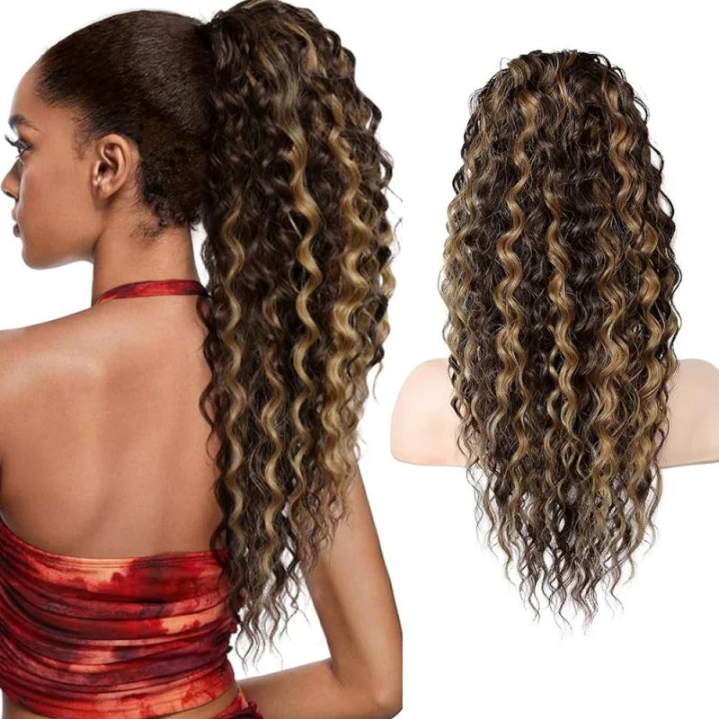 22in Drawstring Curly Ponytail Hair Extension, Synthetic Fluffy Long Curly, 1pc