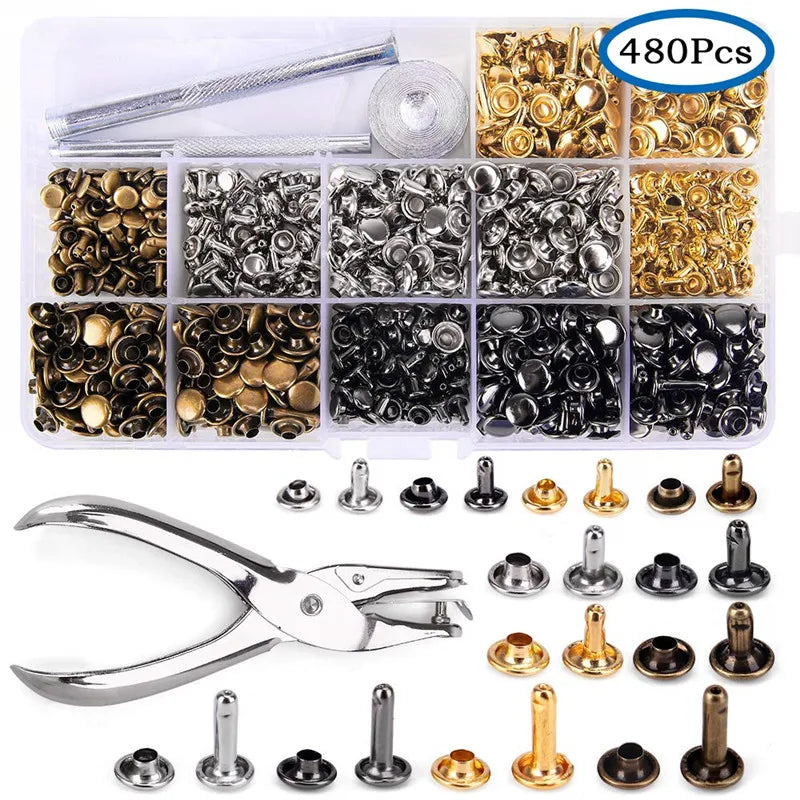 Metal Double Cap Rivets Stud Round Spike Nail With Tool Kits For Shoes Bag Belt Leathercraft Repair Clothing Garment Accessories