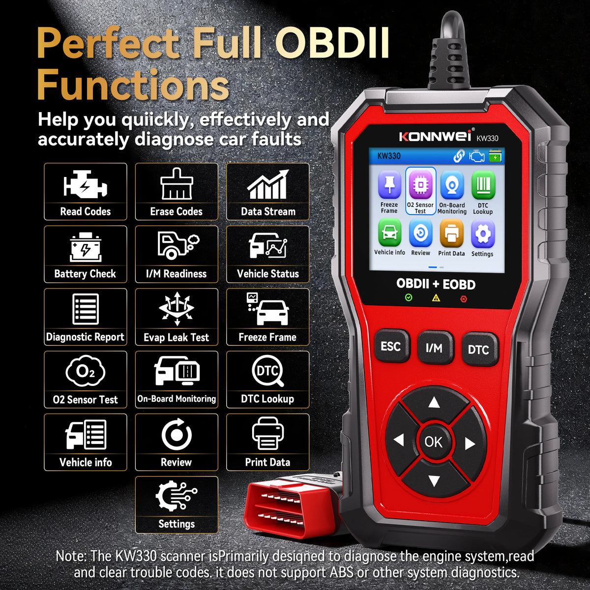 2026 KONNWEI KW330 Car OBD2 Diagnostic Tool Professional Engine Battery Testing Fault Code Erase Real-Time Data Scanner Function