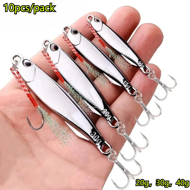 10pcs/pack Fishing Metal Jig Lures 20g 30g 40g Plating Silvery Metal Jig Lure Fishing Bait Fishing Lure Saltwater Bass Tackle