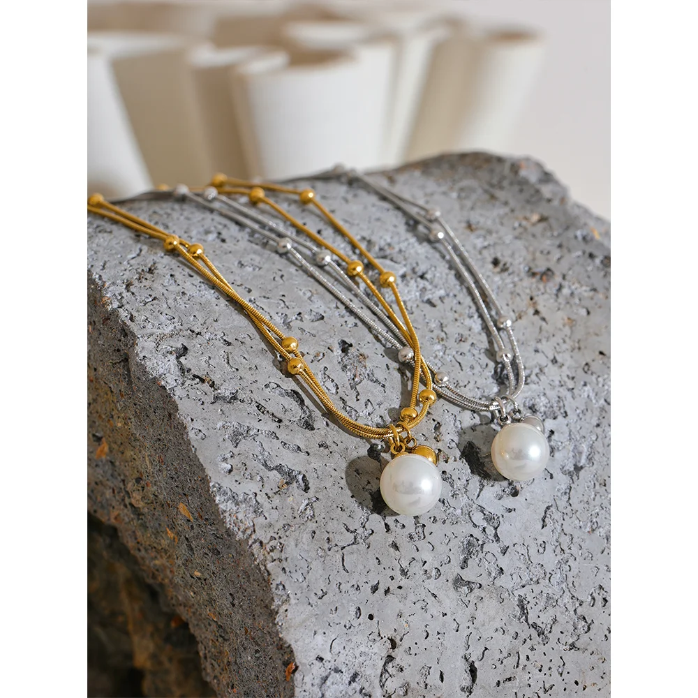 Yhpup Elegant Imitation Pearls Stainless Steel Round Beads Chain Pendant Necklace for Women Gold Silver Color Korean Jewelry