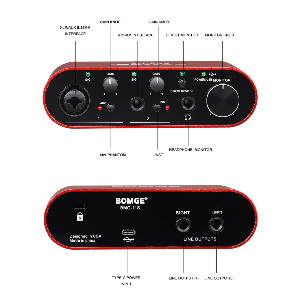 BOMGE BMG-11S Audio Interface 24-bit/192kHz Professional Sound Card And Monitor Headphones Amplifier Are Used For Live Recording