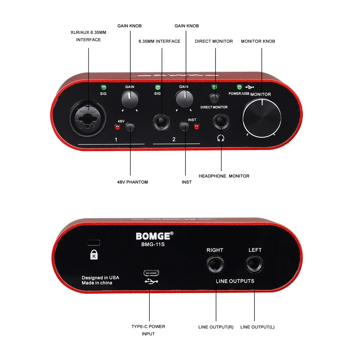 BOMGE BMG-11S Audio Interface 24-bit/192kHz Professional Sound Card And Monitor Headphones Amplifier Are Used For Live Recording