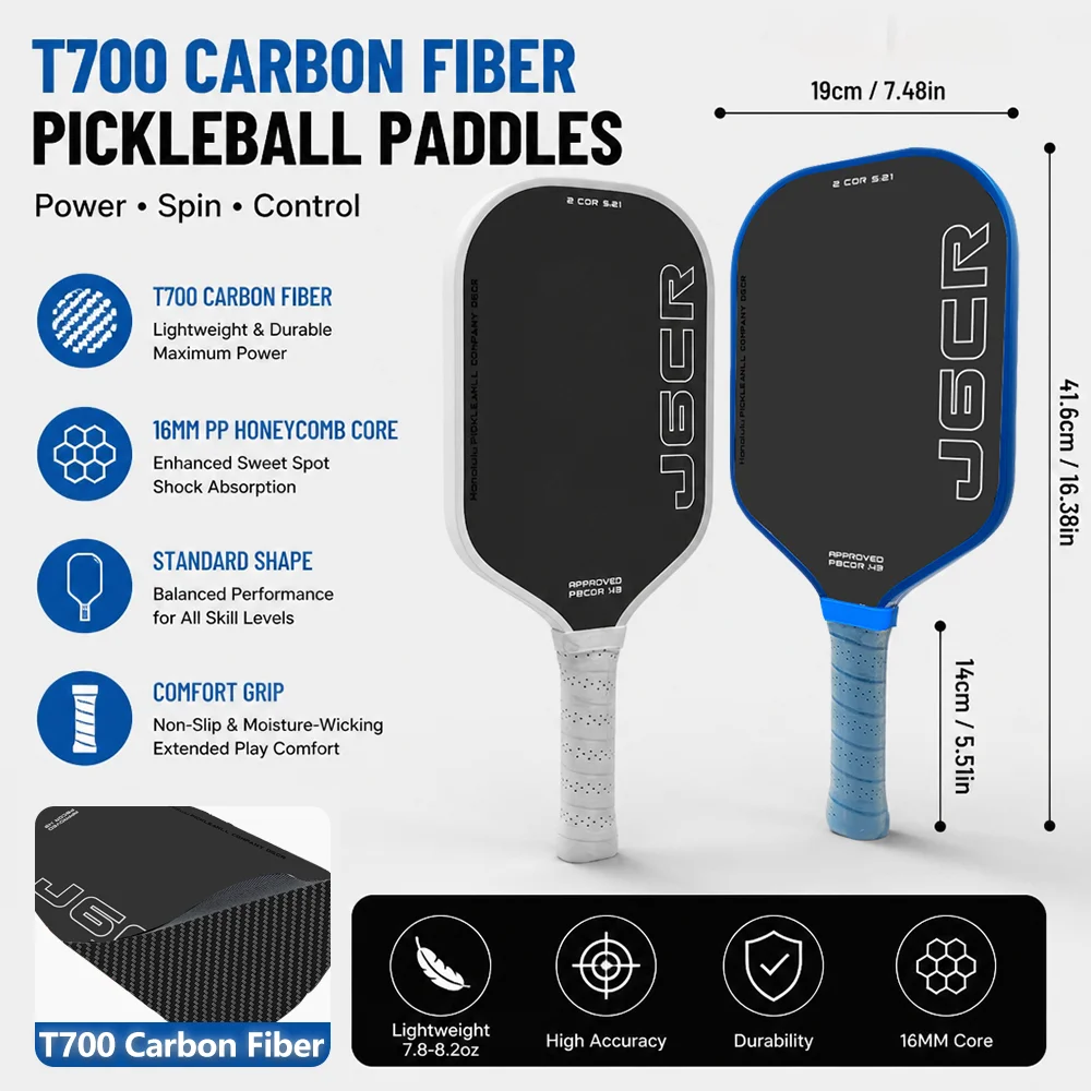 J6CR Pickleball Paddle T700 Carbon Fiber 16mm Honeycomb Core, Blue or White
