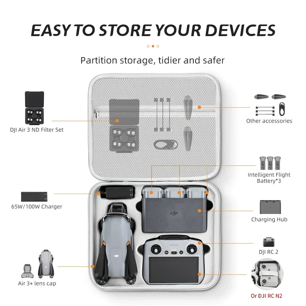 XFJI Portable Carrying Case for DJI Air 3/Air 3S Storage Box DJI Air3S Hard Case Drone Accessories Handbag PU Splash-proof Bag