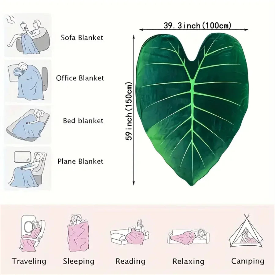 Leaf Pattern Flannel Throw Blanket Green, 115x150cm 150x200cm 180x210cm