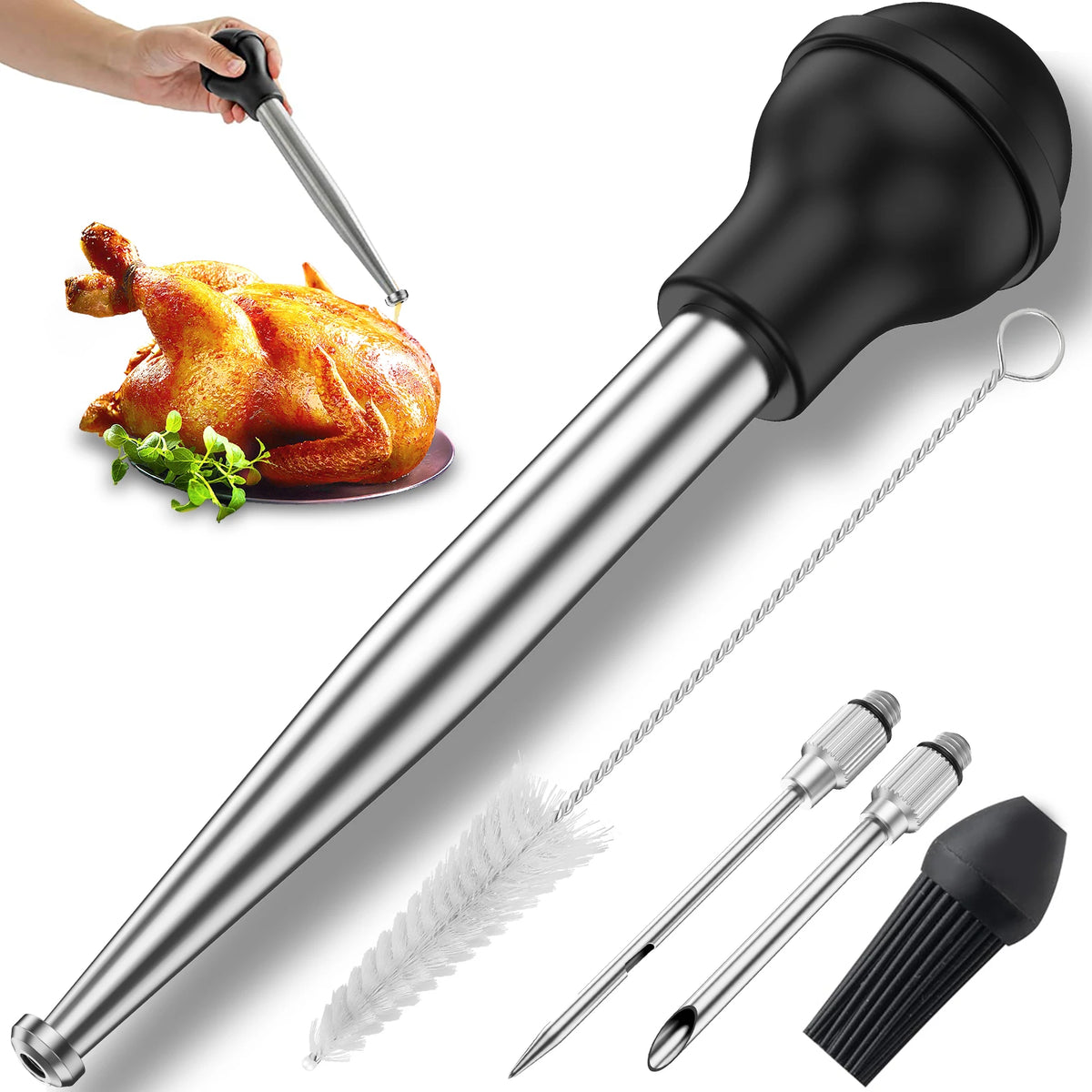 Turkey Baster Set Seasoning Sauce Injection Pump Stainless Steel Turkey Baster Syringe Meat Marinade Injector Needle for Kitchen