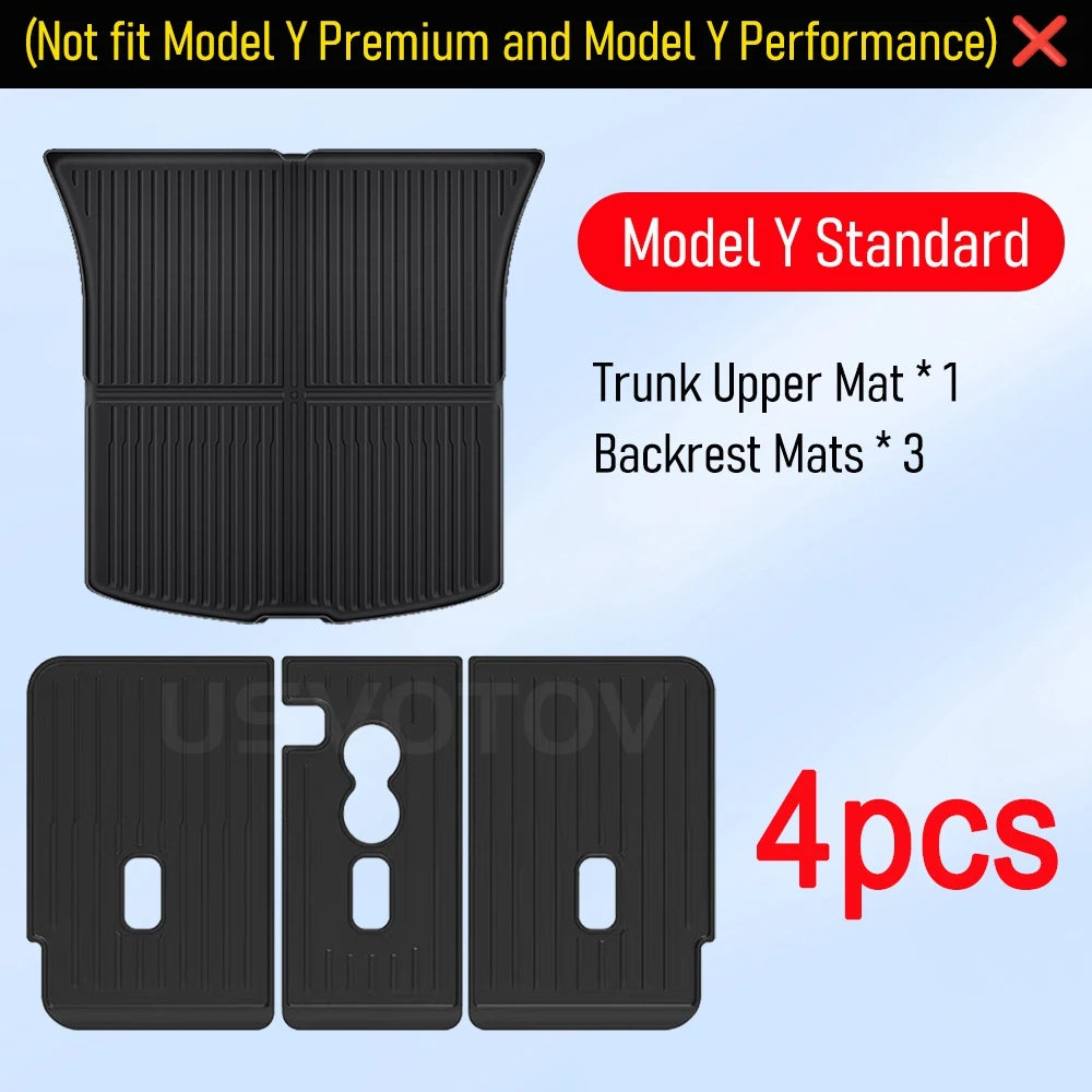 Tesla Model Y Standard 2025-2026 TPE trunk mat set, rear cargo + frunk options
