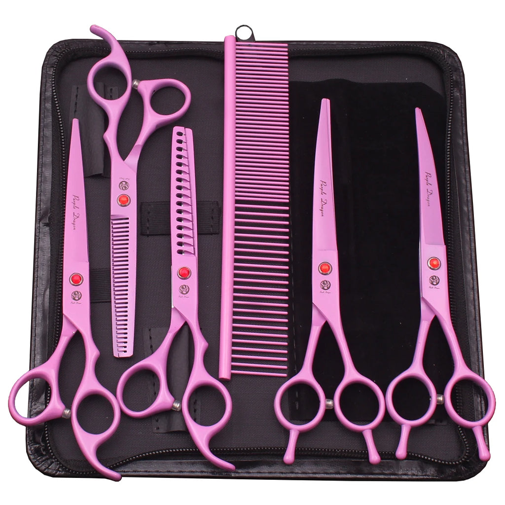 Purple Dragon Dog Grooming Scissors Kit 7" 6.5" Stainless Pet Curved Scissors Thinning Scissors Straight Shears Chunker Z3002