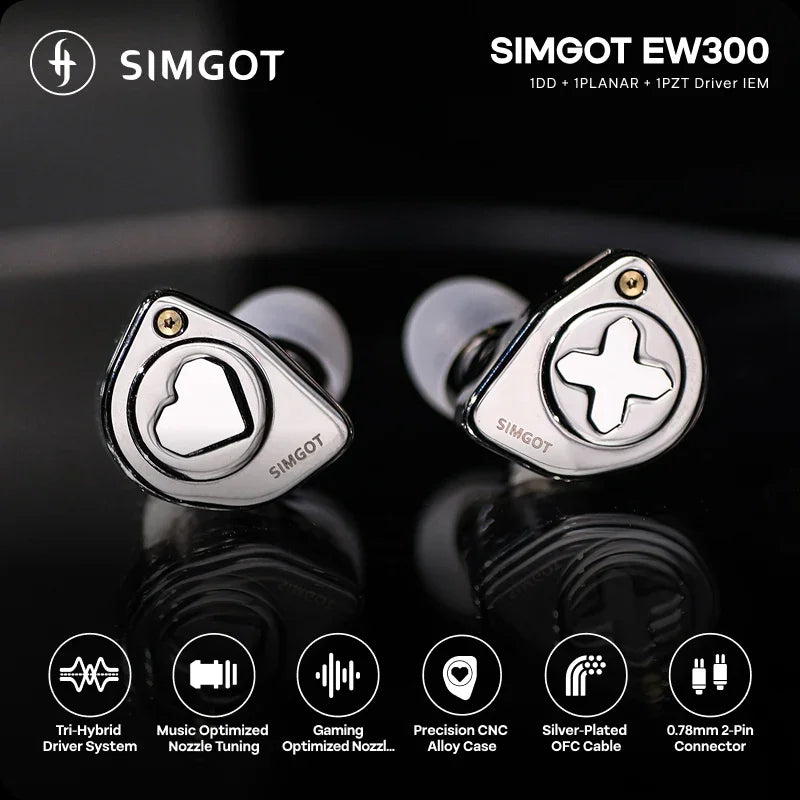 SIMGOT EW300 IEM HIFI Earphones 1DD+1Planar+1PZT Hybrid Driver with Detachable Nozzles Silver-Plated OFC IEM Cable for Musician