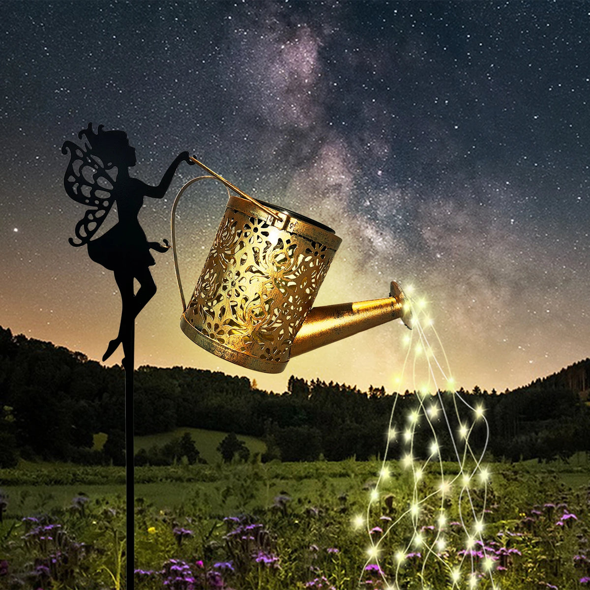 Solar Fairy Watering Can Lights – Outdoor Decorative Kettle with Cascading String Lights, Perfect for Garden Décor & Gifts