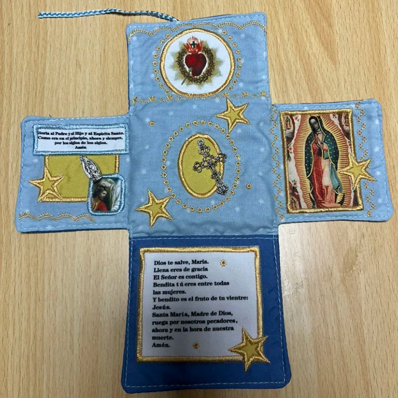 Handcrafted Pocket Shrine with Cross Included Inside,Faith Cross-Shaped Fabric Pouch Sewing Pocket with Saint Images Prayers ﻿