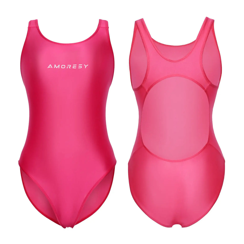 AMORESY Women's Satin Sheer One Piece Swimsuit High Cut Backless Bathing Suit Fitness Yoga Tights Swimwear Beach Diving Leotards