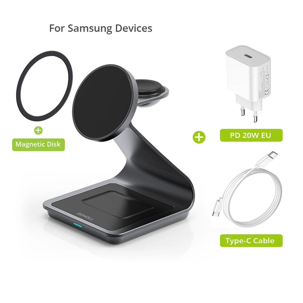 Bonola 3-in-1 Magnetic Wireless Charger Stand, Black, for Samsung Galaxy S24 Ultra + Watch + Earbuds