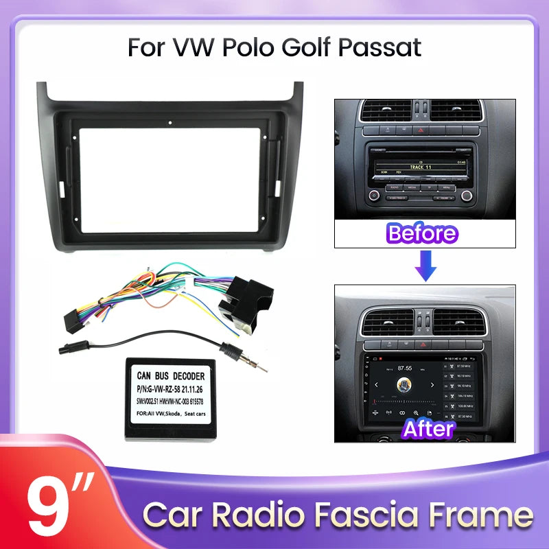 9 inch Car Radio Frame For VW Volkswagen Polo 5 Golf Passat GPS Dash Mount Kit Install Panel Adapter Cover Fascia Cable Canbus