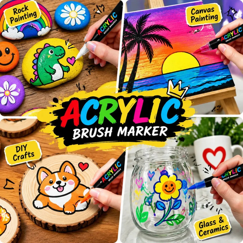 High Quality Acrylic Paint Pens Markers Set Brush Tip Paint Marker For Rock Painting Wood Canvas Stone Christmas Gift DIY Crafts