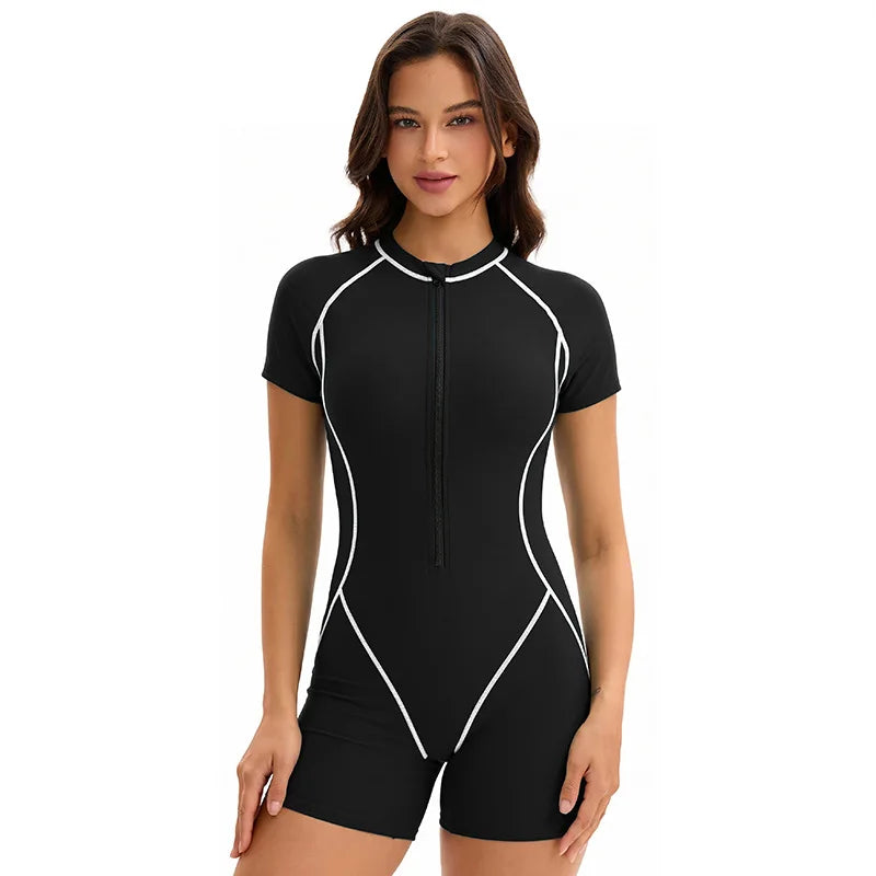 Women's One Piece Rash Guard Swimsuit with Zipper, Short Sleeve Surf Suit, S-XXL