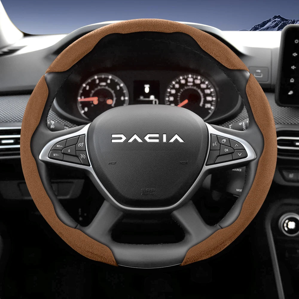 Suitable for Dacia Sports Suede Steering Wheel Cover, Split Snap-On Anti-Slip Style, for Models Such as Sandero Stepway, Duster, Jogger, Bigster, Spring, Electric, Cargo, Logan, Etc., in Black, Brown, Mocha, and Red Co