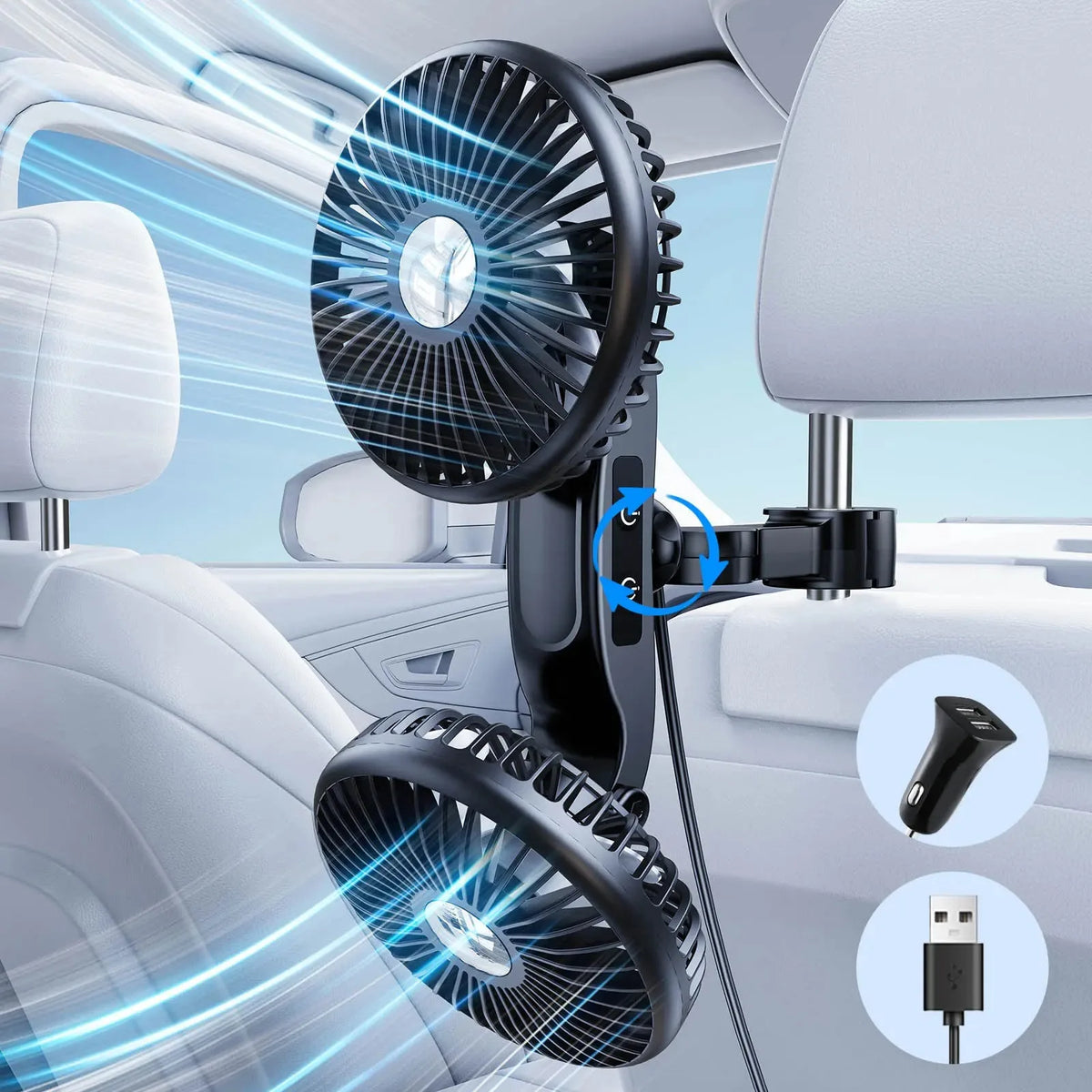 Eary Car Rear Seat Fan Headrest Backseat Dual Head Fan 2000mAh Battery 3 Speed Air Cooling Fans for kids Summer Car Accessories