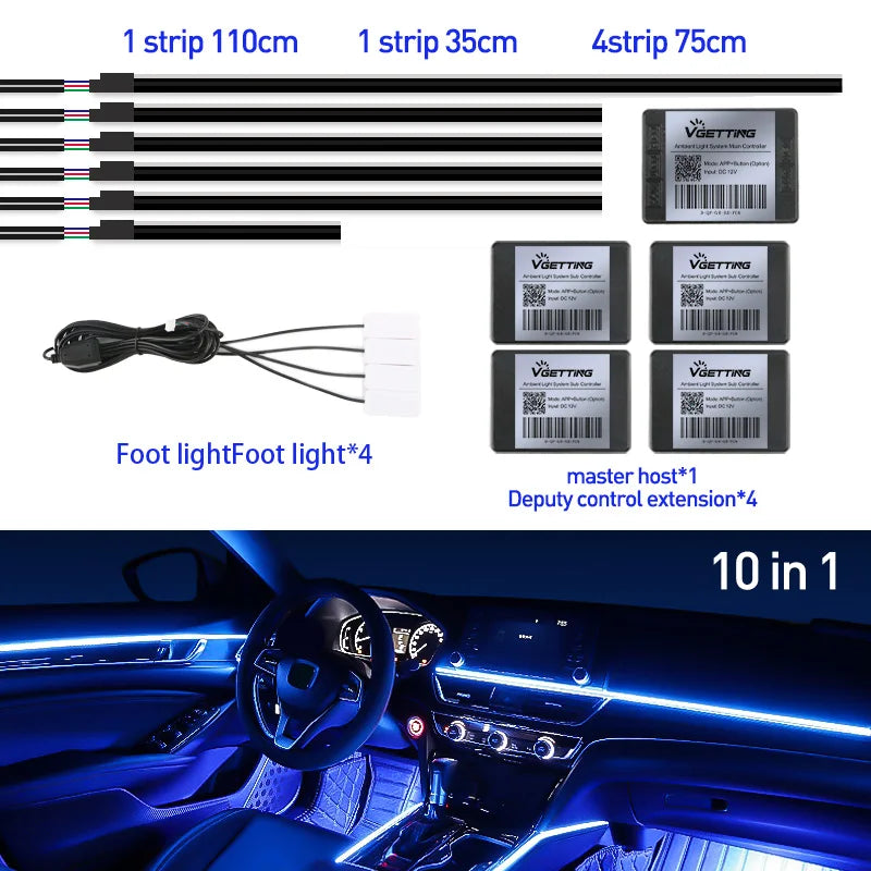 Full Color Streamer Car Ambient Lights RGB 64 Color Universal LED Interior Hidden Acrylic Strip Symphony Atmosphere Lamp