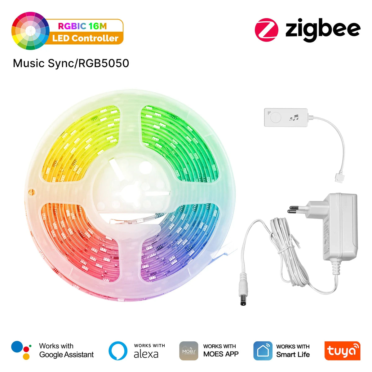 MOES Tuya ZigBee Smart LED Light Strip RGB5050 Controller Party Music Sync 16 Million Colors Changing Work With Alexa GoogleHome