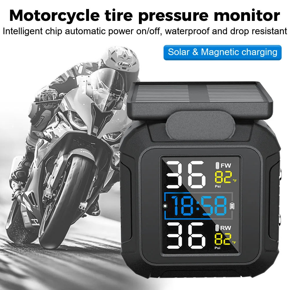 Solar TPMS Tire Pressure Monitoring System w/ Temperature Alarm, 2 External Sensors, Motorcycle