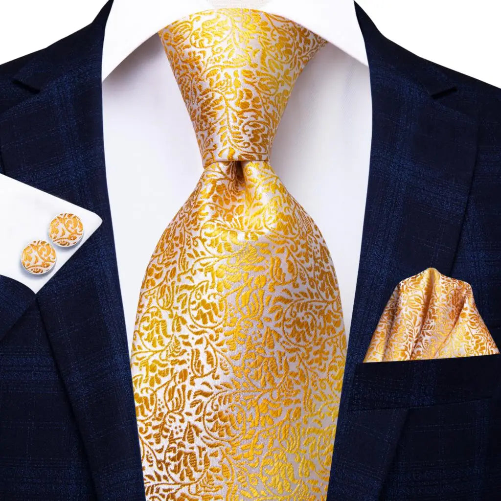 Solid Gold Yellow Ties For Men Handky Cufflinks Set Fashion Gift For Men's Tie Wedding Business Necktie Blue Black Orange Beige