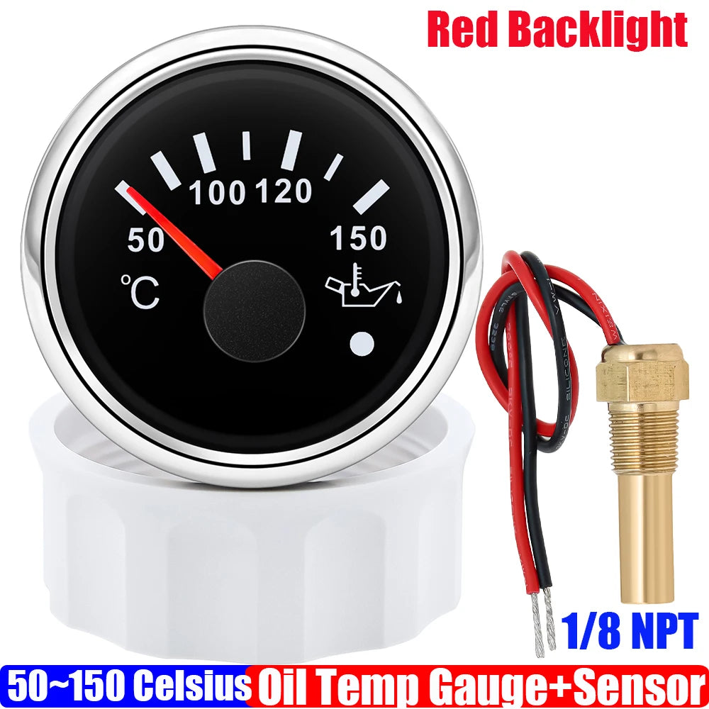 Auto Car Boat 2" 52mm Oil Temperature Gauge with Warning Red Light 50~150℃ Oil Temp Meter+Sensor 1/8NPT M14X1.5 DC12V 24V Custom