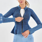 Autumn Winter New Arrival Denim Yoga Zipper Jacket Women Gym Fitness High Collar A-line Hem Slimming Long Sleeve Workout Tops