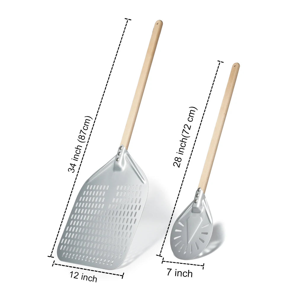 SHANGPEIXUAN Perforated Pizza Peel with Turning Pizza Peel Wood Handle Pizza Shovel Anodized Short Spatulas Baking Tools