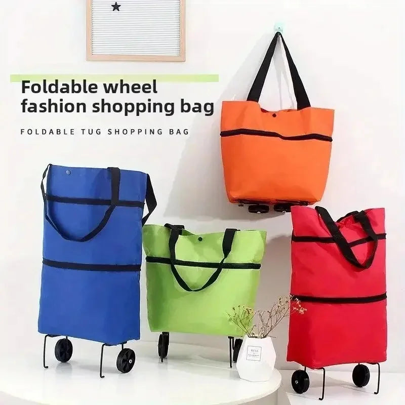 2-in-1 Foldable Shopping Cart Bag Trolley with Wheels, Waterproof Rolling Tote, Black/Green