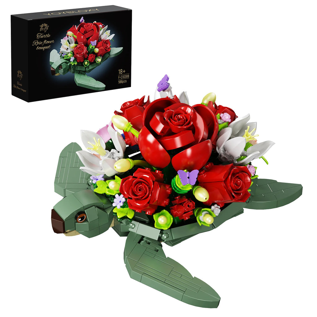Sea Turtle Red Roses Planter Building Blocks Set Turtle Flowers Pot Bricks Toys Home Plants Decor Gifts for Women