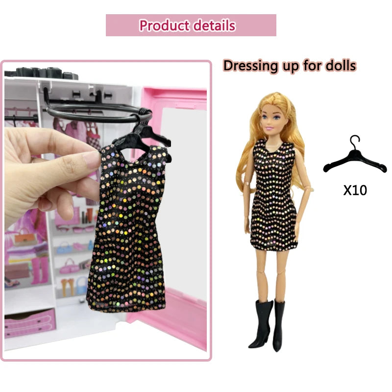 Pink Wardrobe with 10pcs Hangers Playset Doll Accessories Fashion Toys Fold-out Rack Portable Closet Birthday Christmas Gift