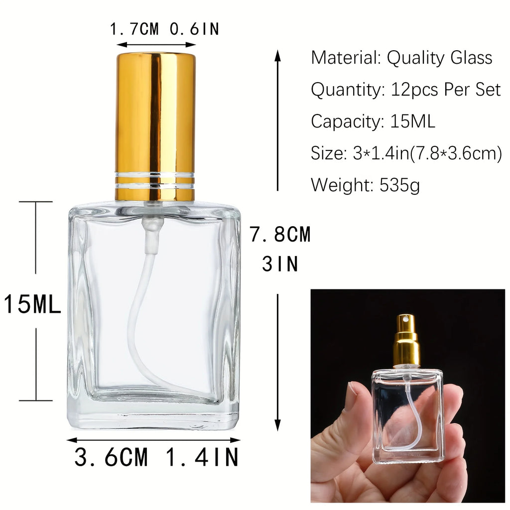 12pcs+6 accessories 15ml transparent perfume spray bottle, including 12 spray bottles, 3 funnels, and 3 sub-packing artifacts