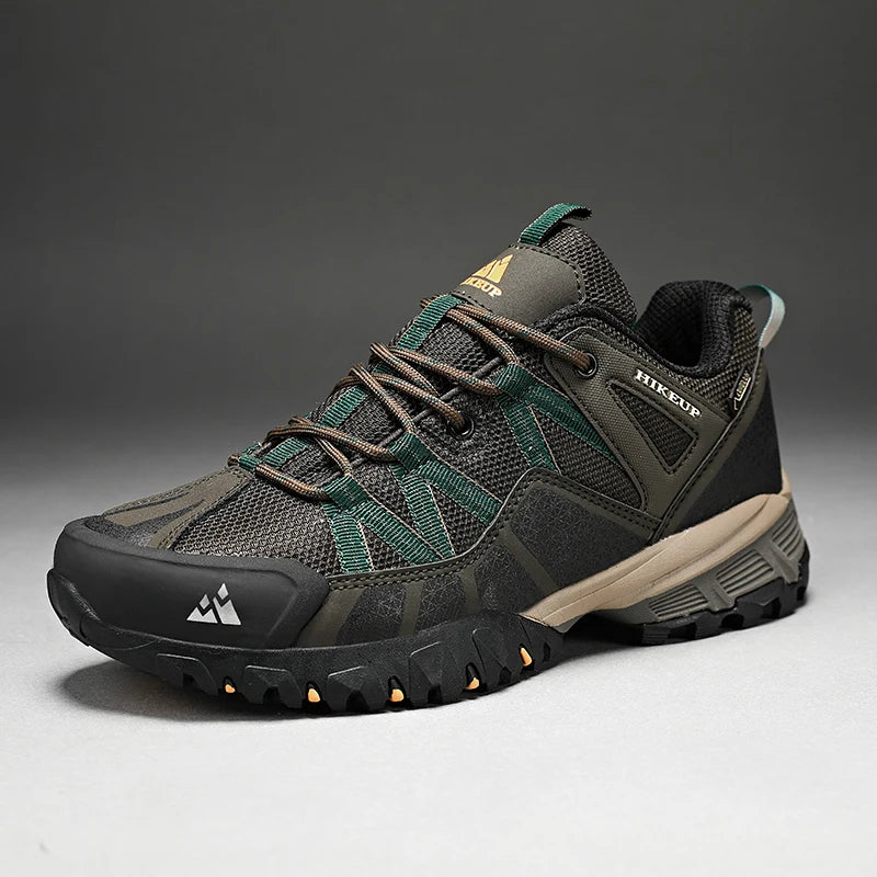 HIKEUP Men's Hiking Sneakers Breathable Cushioned Non-Slip Outdoor Shoes, Black/Green/Grey 40-45