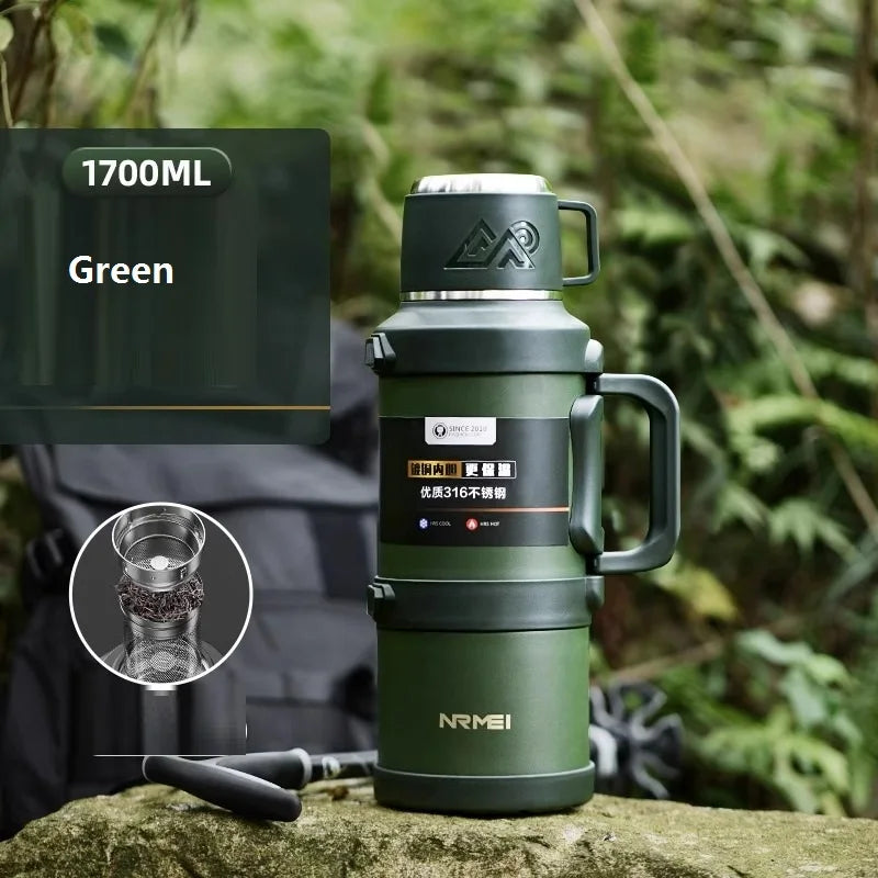 Insulated Stainless Steel Water Bottle with Handle, Black/Green 1.7L-3.2L Thermos