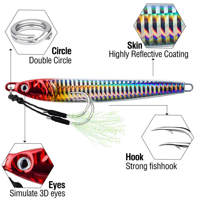 7Pcs 40g 60g 80g 100g Luminous Fast Jigging Casting Lure 7Colors Fishing Metal Jig Bait With Double Assist Hook