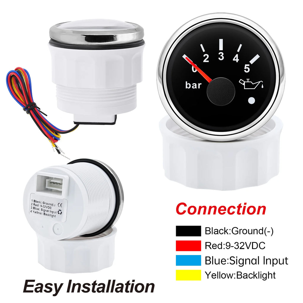 52mm Oil Pressure Gauge with Alarm Red LED 0-5 Bar 0-10Bar Oil Press Meter+Sensor 1/8NPT for Auto Car Marine Yacht 12V24V Custom