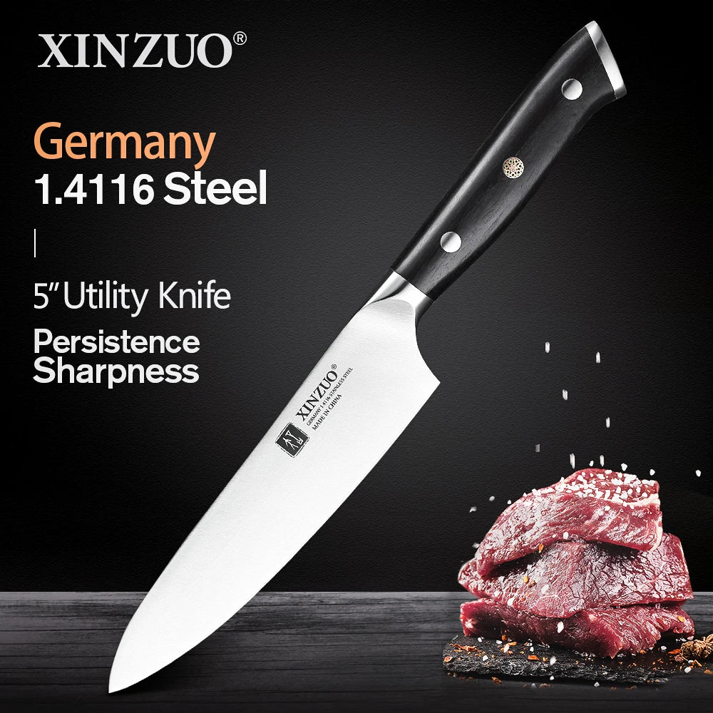 XINZUO 1pc-5pcs Kitchen Knives Set German 1.4116 Steel Chef Cleaver Santoku Utility Paring Knife Nature Ebony Wood Handle