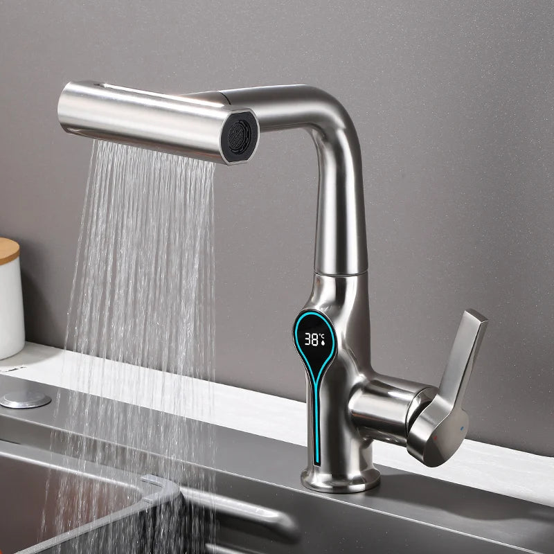 Waterfall Temperature Digital Display Basin Faucet Lift Up Down Stream Sprayer Hot Cold Water Sink Mixer Wash Tap For Bathroom