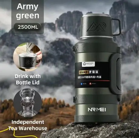 Insulated Stainless Steel Water Bottle with Handle, Black/Green 1.7L-3.2L Thermos