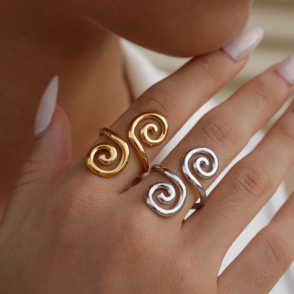 Vintage Metal Irregular Smooth Spiral Ring Set Women's 18k Gold Plated for Everyday Wear, Vacation Travel