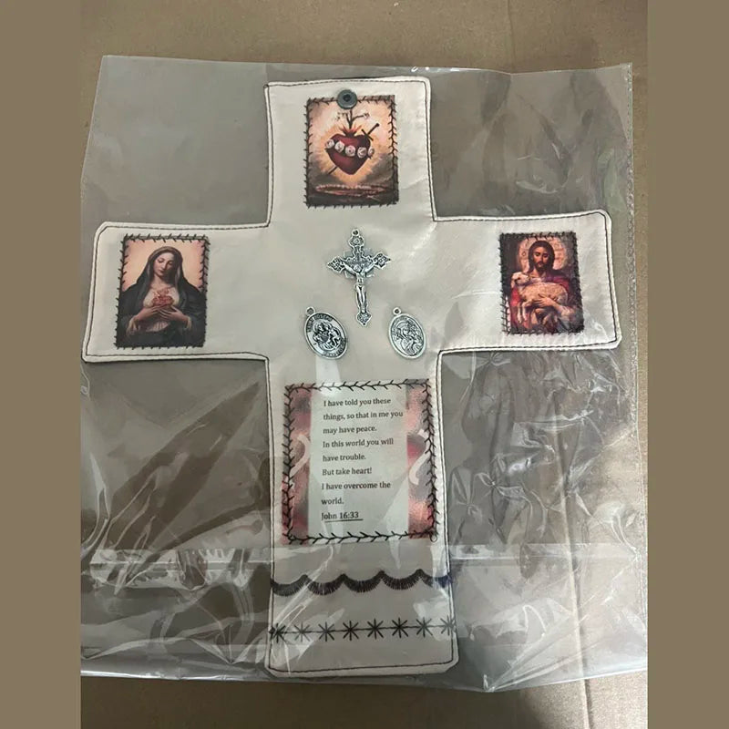 Handcrafted Pocket Shrine with Cross Included Inside,Faith Cross-Shaped Fabric Pouch Sewing Pocket with Saint Images Prayers ﻿