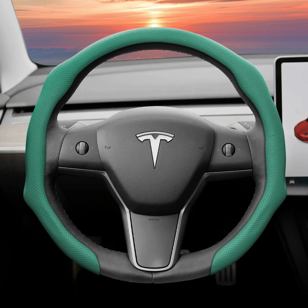 Suitable for Tesla Perforated Leather Steering Wheel Cover, Non-Slip, Sweat-Absorbent, Breathable, Integrated Snap-On Protective Case for Model 3 Y S X and Other Models, Available in Black, Orange, Red, White, Green