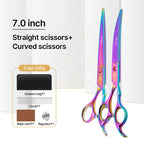 Fenice New design colorful 7.0 inch pet grooming scissors set straight thinning curved scissors