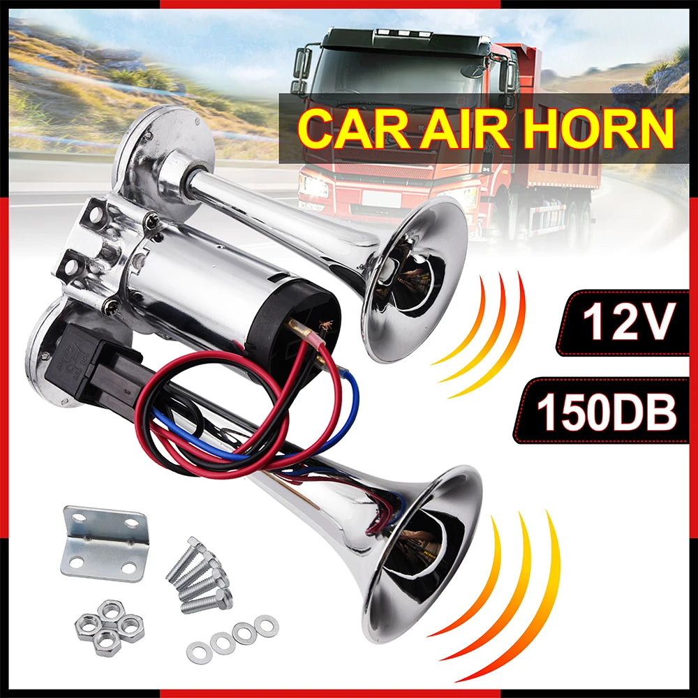 150db Car Electric Loud Horn Dual Trumpets Speaker Auto 12v Air Horn Siren Sound Security Alarm Signal for Train Truck  Boat SUV