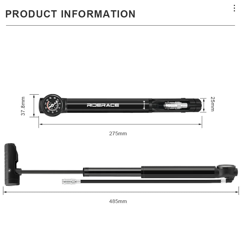 RIDERACE Bicycle Pump With Gauge High-pressure Portable Hand Tire Air Inflator Bike Air Shock Pump Schrader Presta Valve AV FV