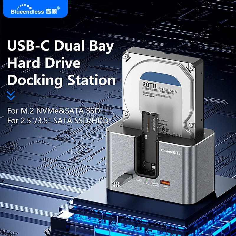 Blueendless M.2 NVMe/SATA & 2.5/3.5in SATA SSD/HDD Docking Station with USB 3.2 Hub, HD01SN